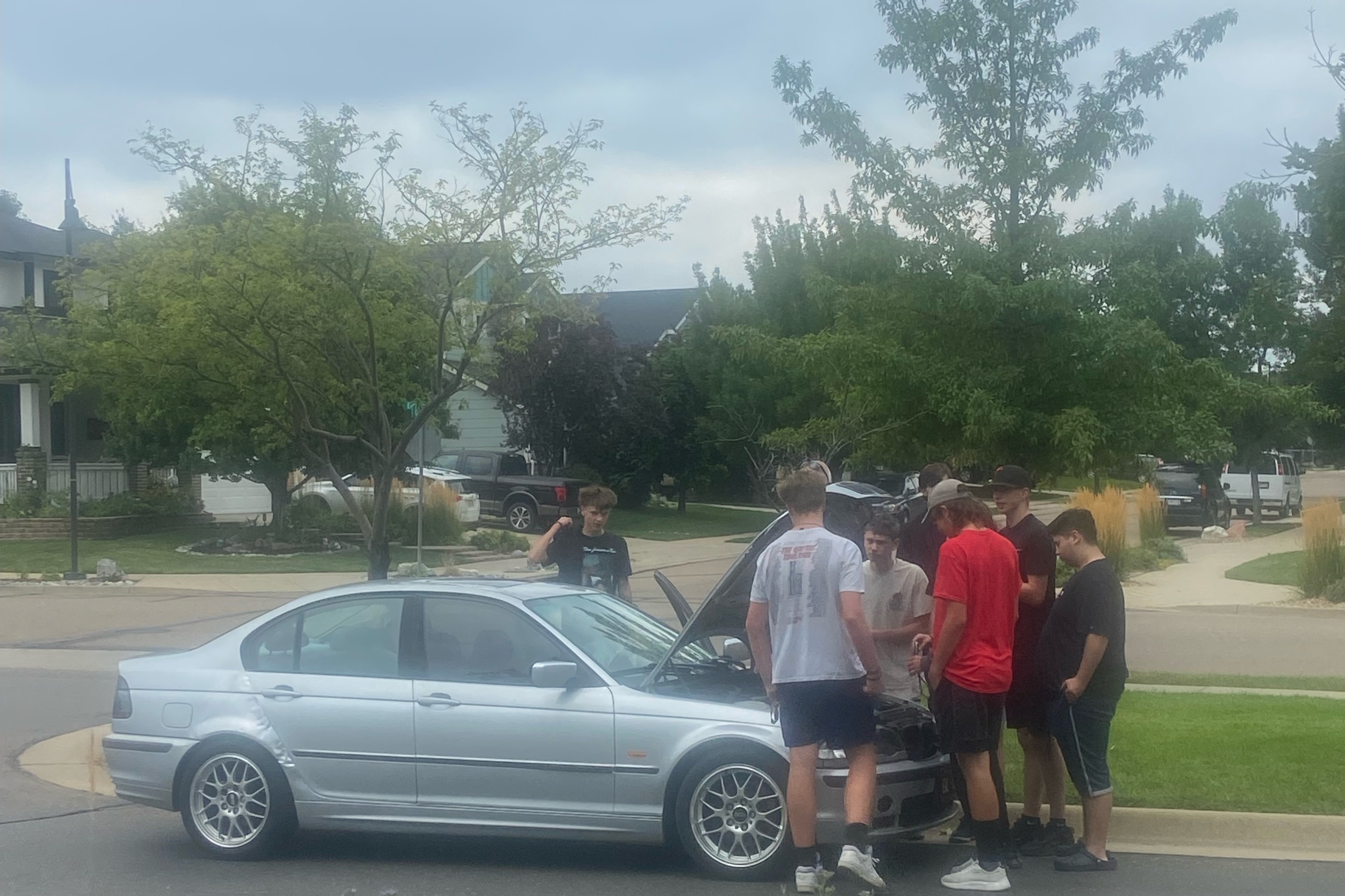 Maximus and friends gathered around a BMW