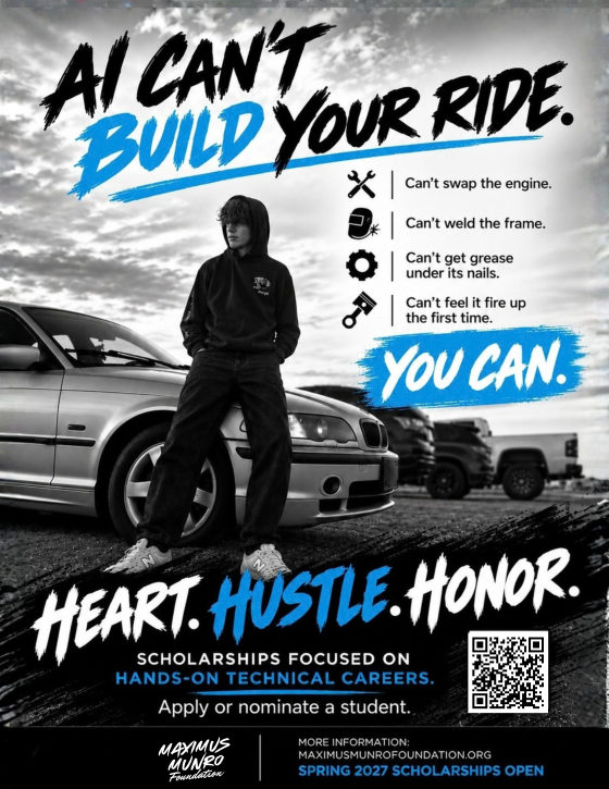 Student leaning on a BMW under the headline AI Can't Build Your Ride