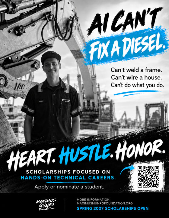 Young technician in front of an excavator under the headline AI Can't Fix a Diesel